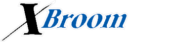 Broom logo with stylized X in blue and black typography
