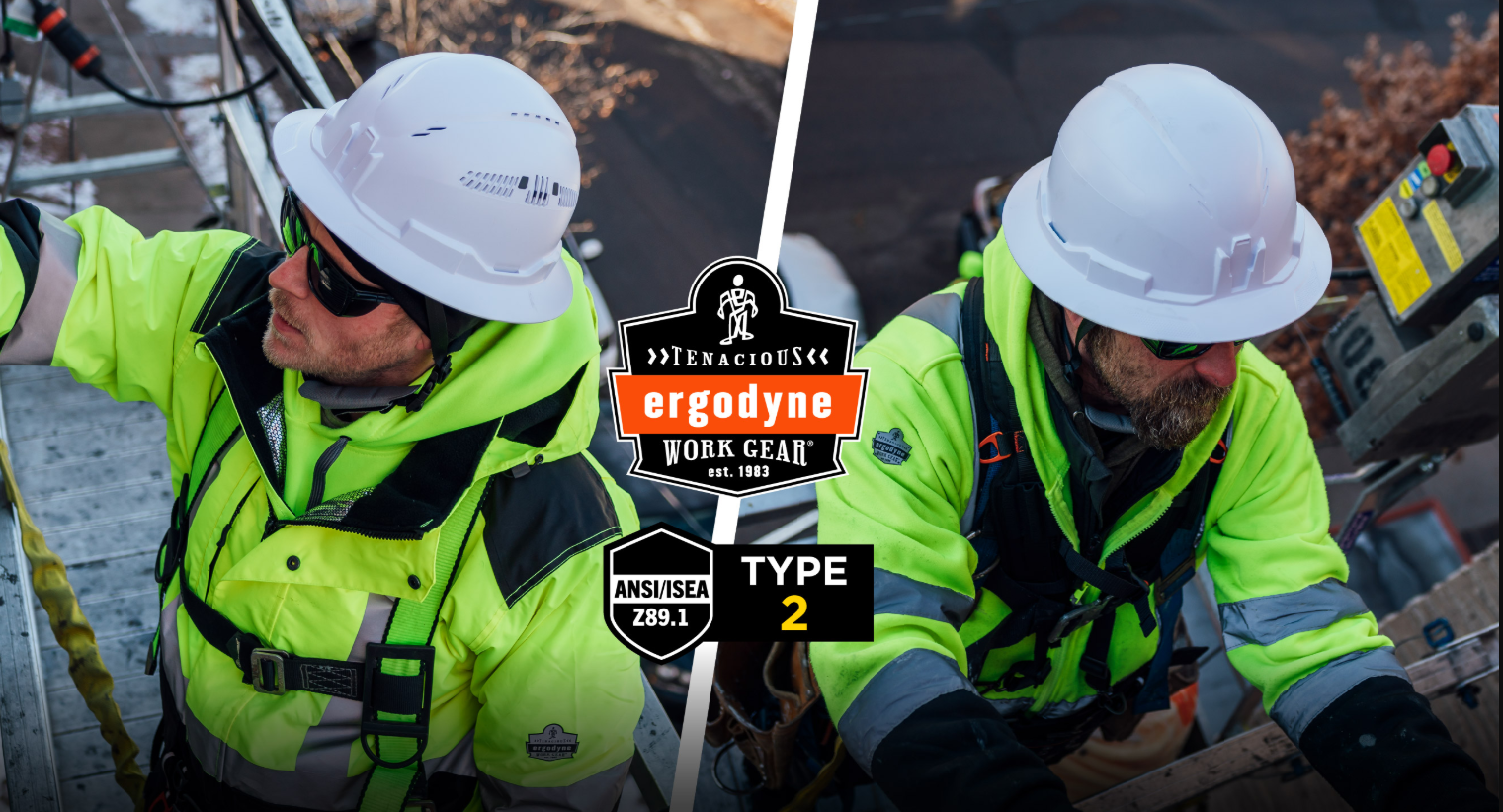 Ergodyne work safety gear logo on high-visibility construction worker background