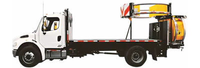 White service truck with mounted yellow equipment on flatbed