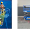 Blue Genie scissor lift with worker in safety gear on industrial floor