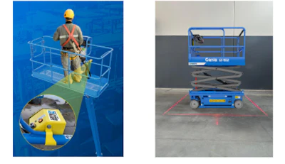 Blue Genie scissor lift with worker in safety gear on industrial floor