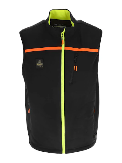 Black technical vest with neon yellow zipper and orange horizontal stripe