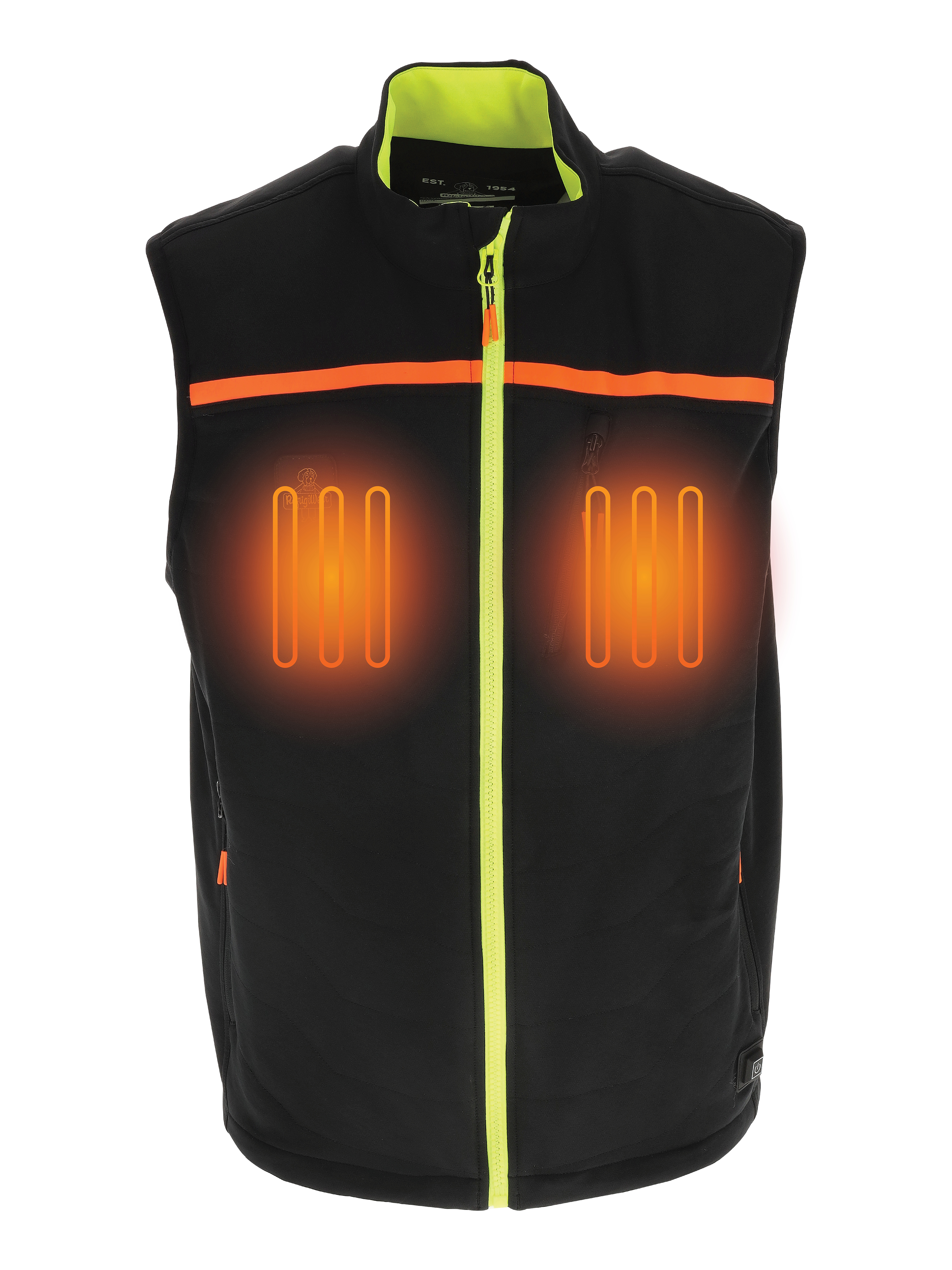 Black heated vest with neon yellow zipper and orange heating panels