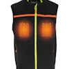 Black heated vest with neon yellow zipper and orange heating panels