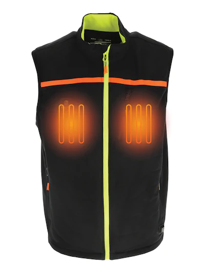 Black heated vest with neon yellow zipper and orange heating panels