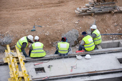 Construction workers in high-visibility vests examine site foundation work