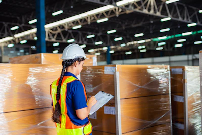 Warehouse worker in safety vest and hard hat reviewing clipboard near stacked wrapped pallets