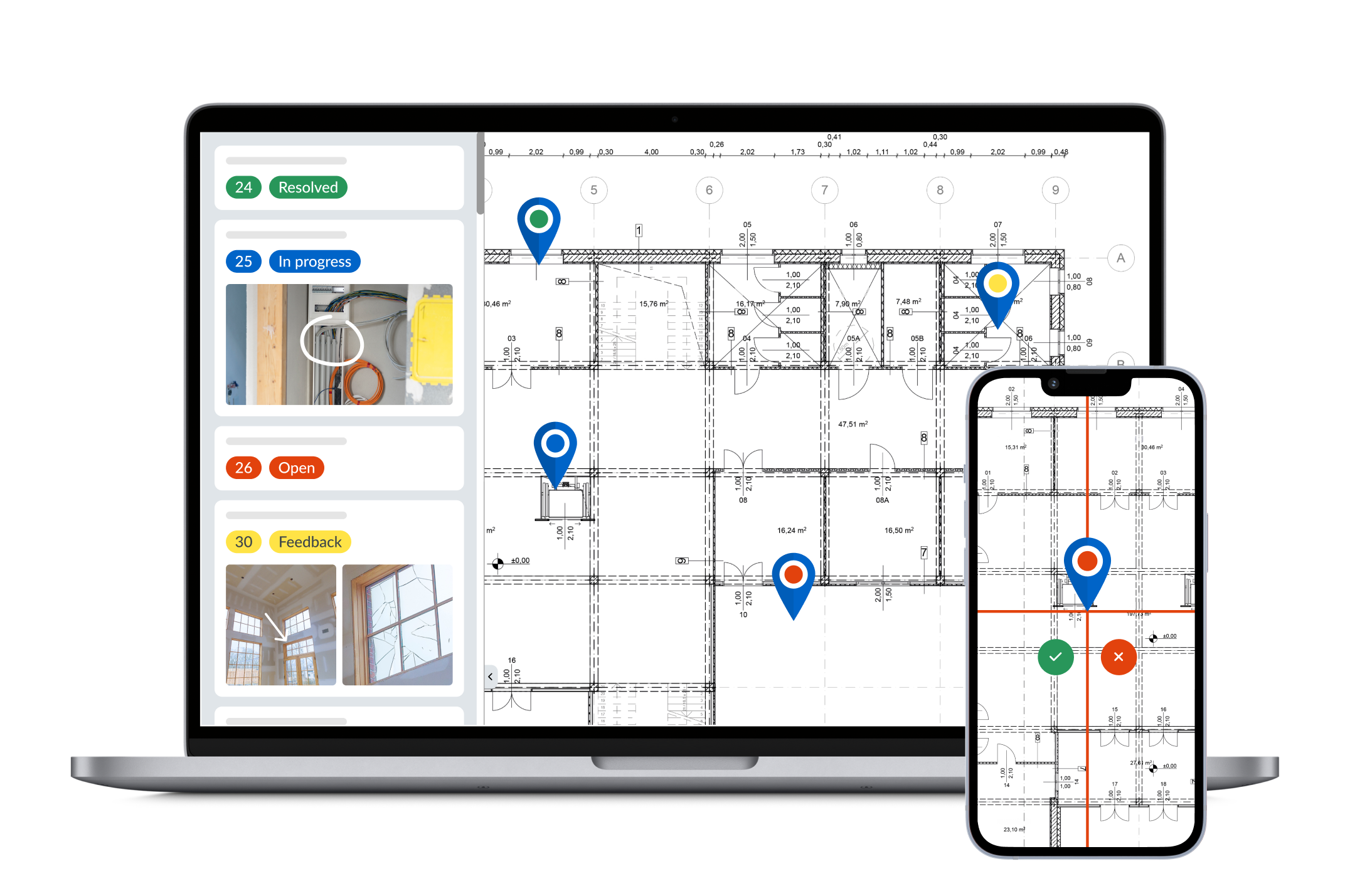 Construction project management software interface with floor plans and task tracking on laptop and smartphone