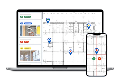 Construction project management software interface with floor plans and task tracking on laptop and smartphone