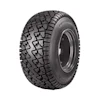 Off-road tire with aggressive tread pattern and black metal rim