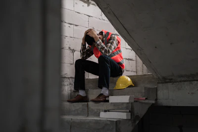 Construction worker sitting on stairs, head in hands, yellow hard hat nearby