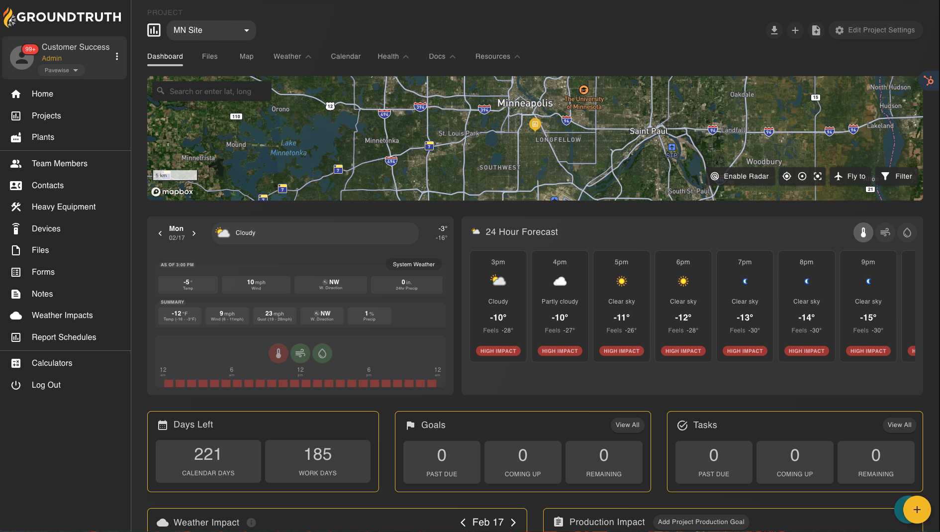 GroundTruth software dashboard with map, weather forecast, and project metrics