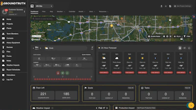 GroundTruth software dashboard with map, weather forecast, and project metrics