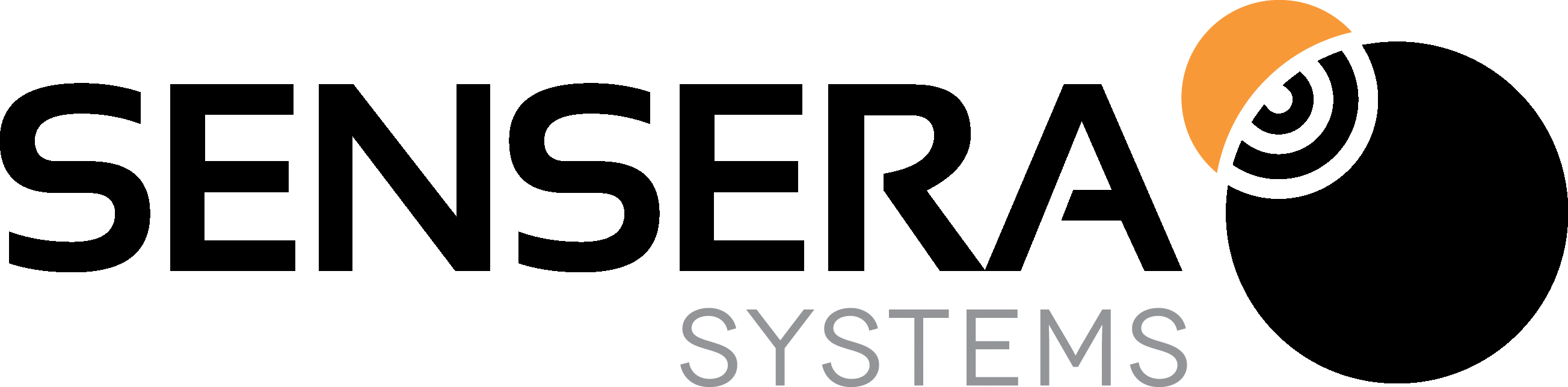 Sensera Systems logo with black text and orange circular graphic