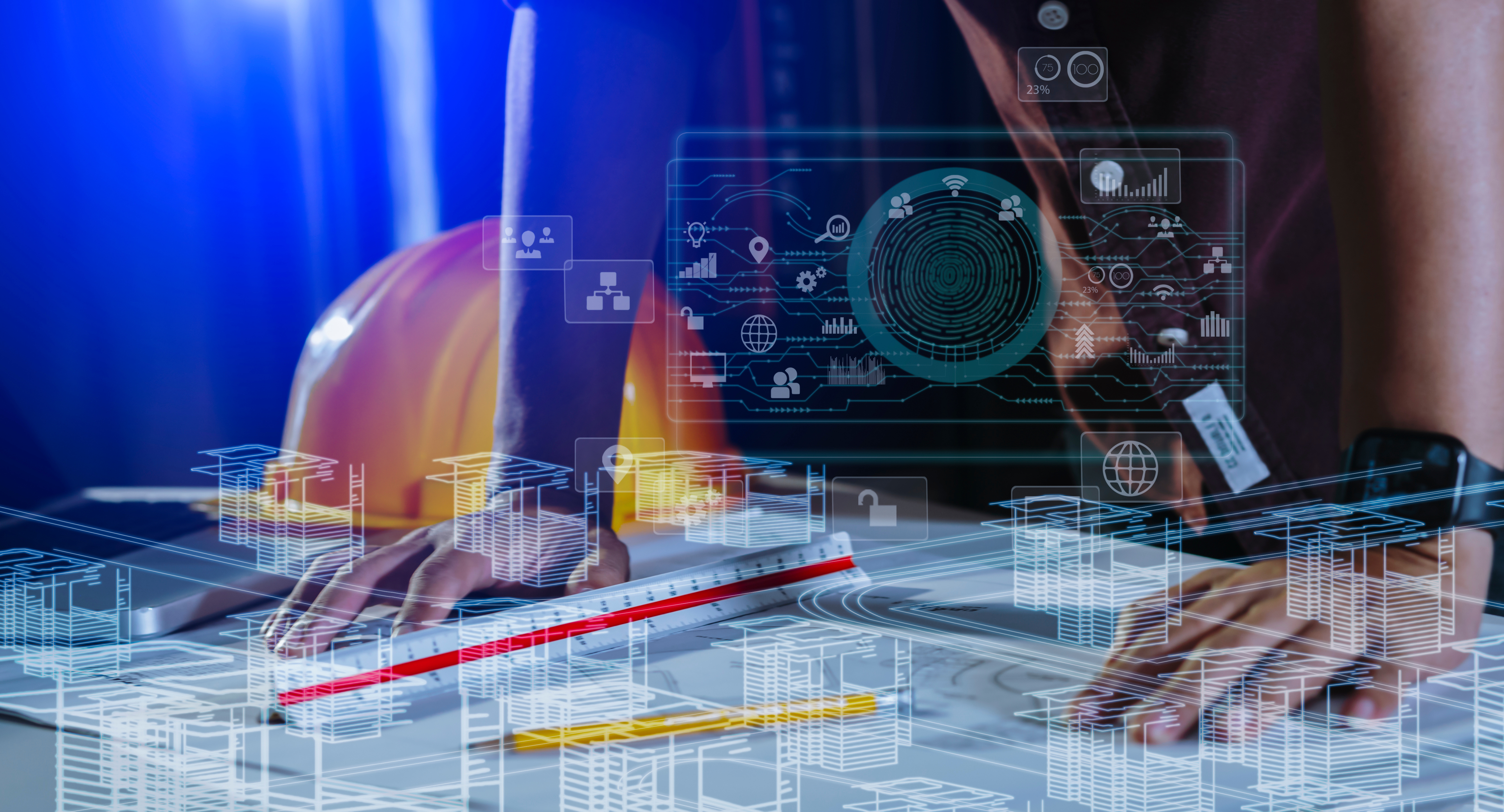 Digital technology interface with holographic data visualization and hands on keyboard