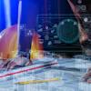 Digital technology interface with holographic data visualization and hands on keyboard