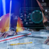 Digital technology interface with holographic data visualization and network graphics