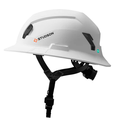White Studson industrial safety helmet with black adjustable chin strap