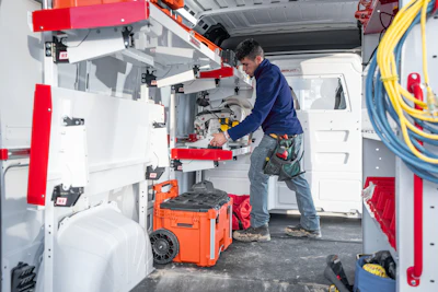 Technician working inside a service van with specialized equipment and orange toolbox