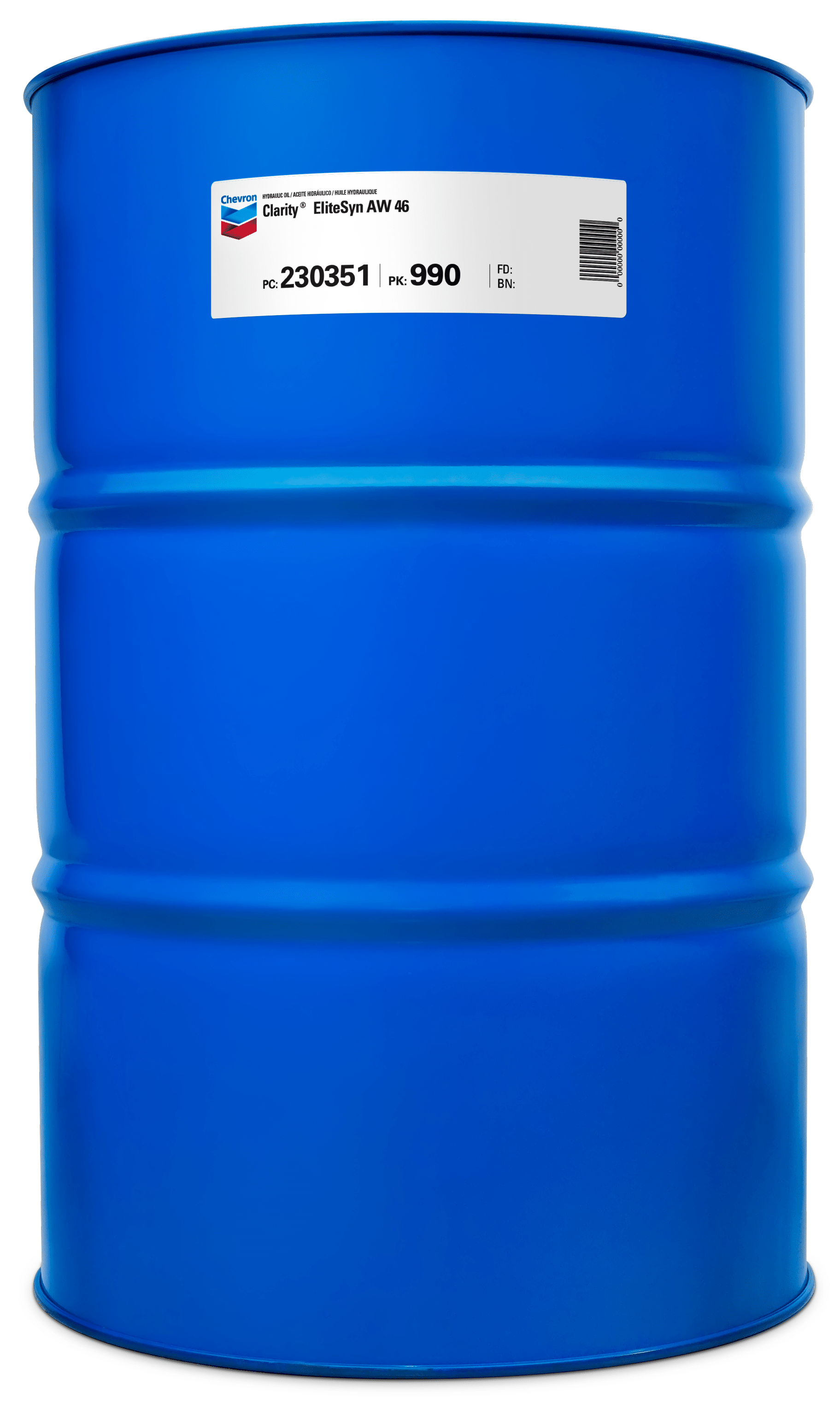 Blue Chevron industrial drum with Clarity EliteSyn AW 46 lubricant label