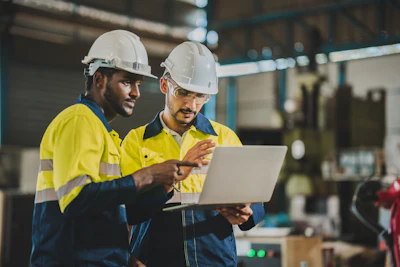 Two construction workers in safety gear reviewing laptop in industrial facility