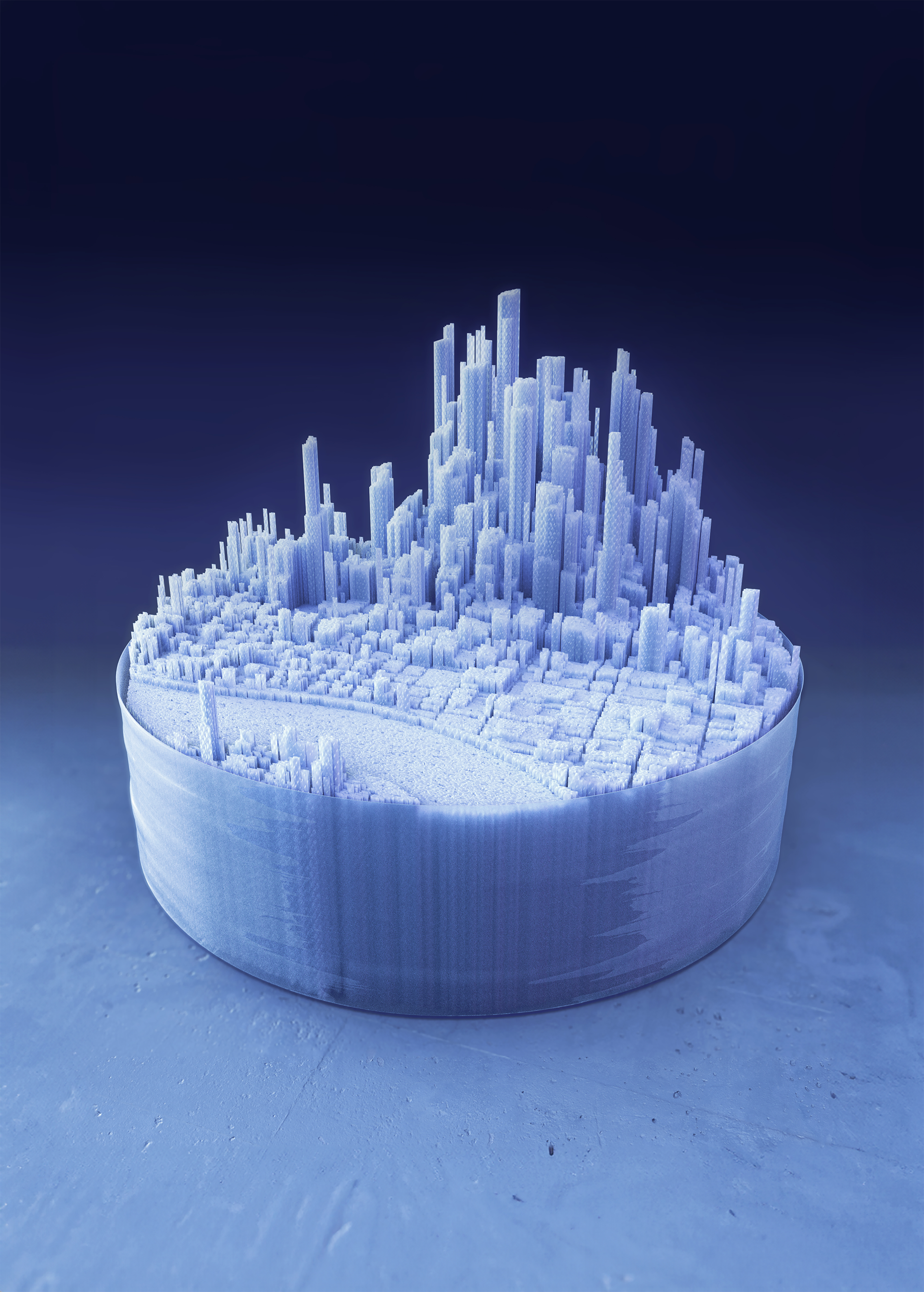 3D digital rendering of a futuristic city with tall geometric structures on a circular base