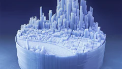 3D digital rendering of a futuristic city with tall geometric structures on a circular base