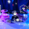 Digital hands holding cybersecurity icons showing scam and cyber crime risks