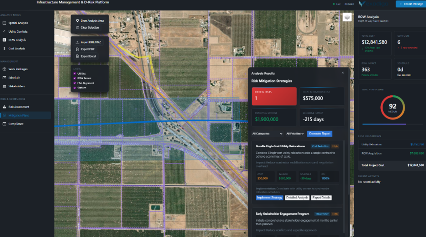 Satellite mapping dashboard showing agricultural fields and highway intersection