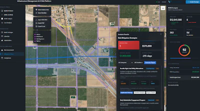 Satellite mapping dashboard showing agricultural fields and highway intersection