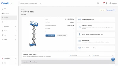 Genie GS30P scissor lift machine product details page with technical specifications