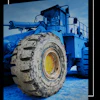 Large blue industrial wheel loader with muddy tire on blue background