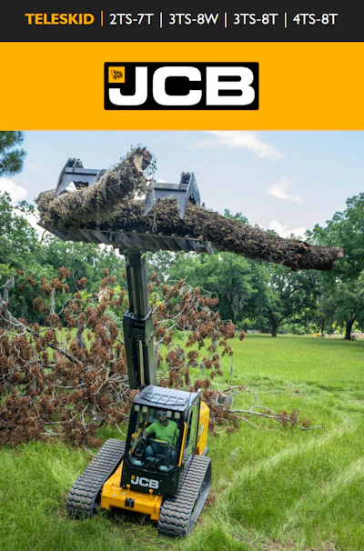JCB yellow skid steer loader clearing vegetation in grassy landscape