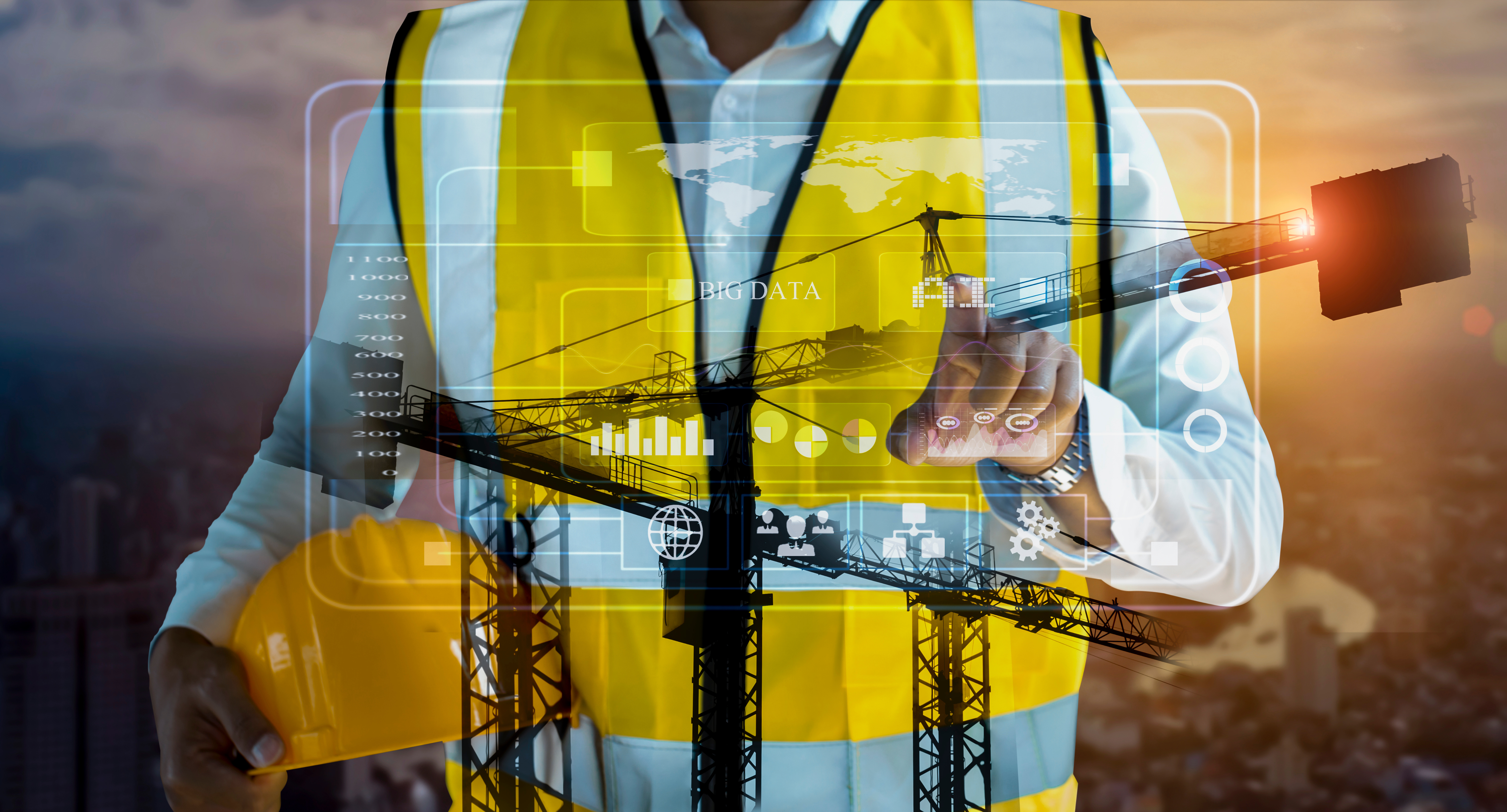 Construction worker analyzing digital data with cranes and technology interface