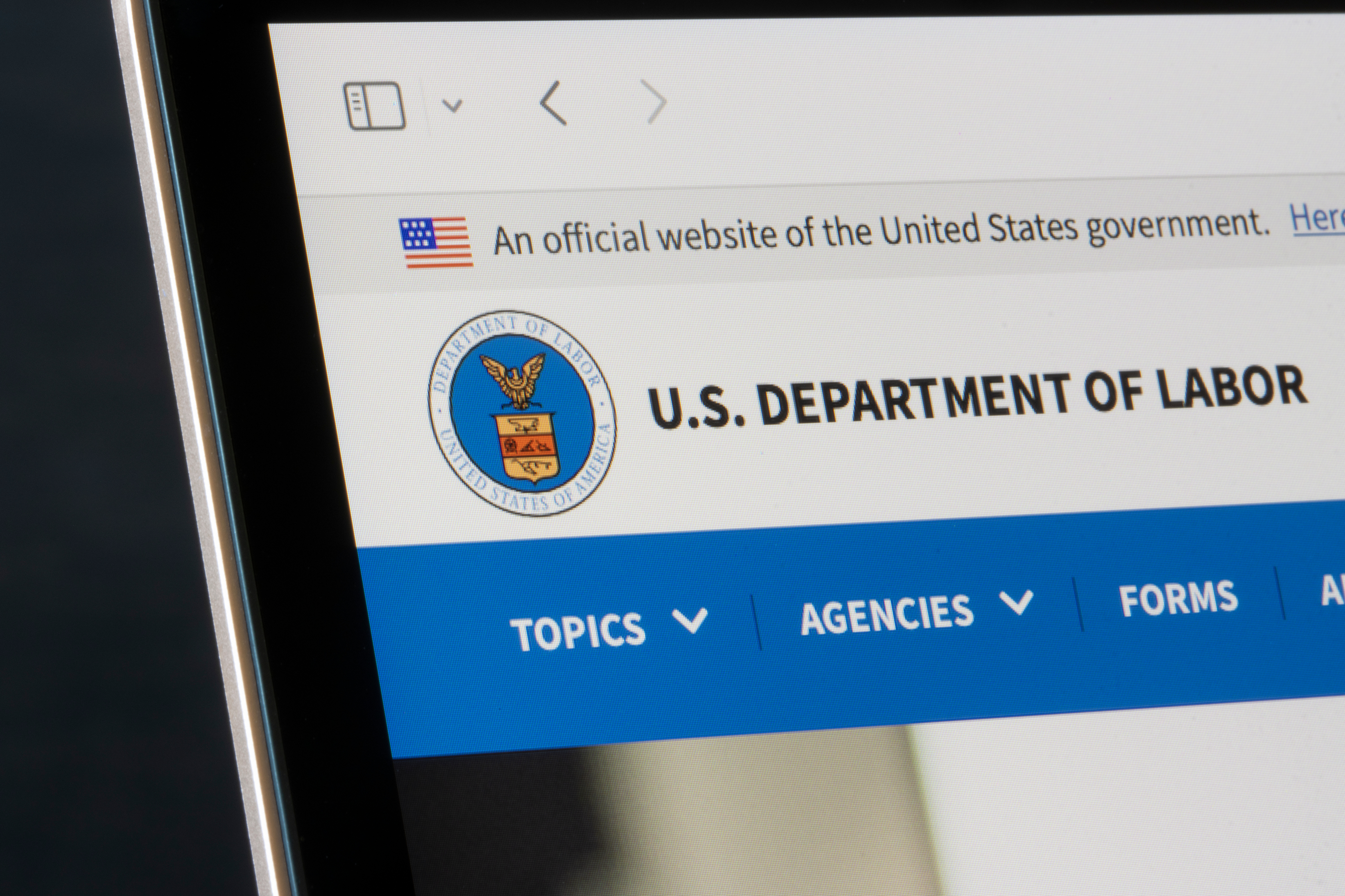 U.S. Department of Labor official website homepage with agency logo and navigation menu