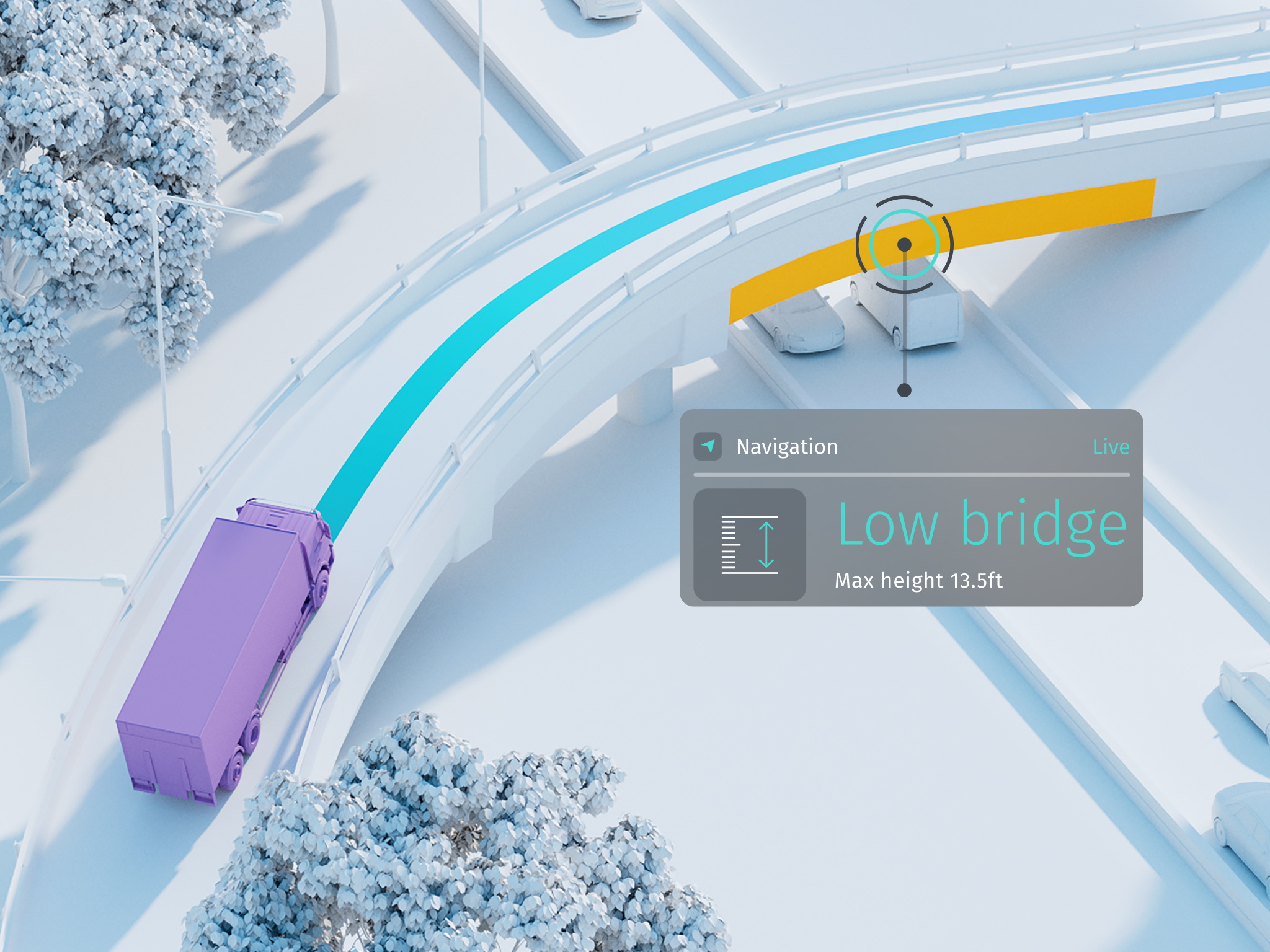 Aerial navigation view of purple truck approaching low bridge on snowy road