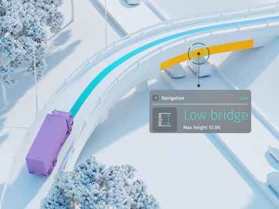 Aerial navigation view of purple truck approaching low bridge on snowy road