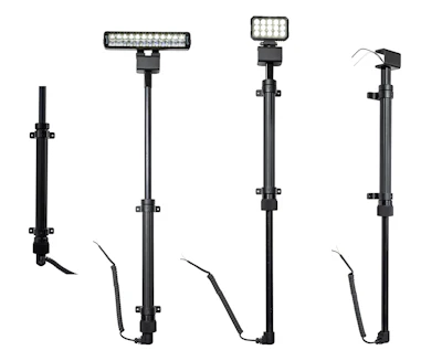 Four adjustable black LED light stands with mounting brackets and flexible cables