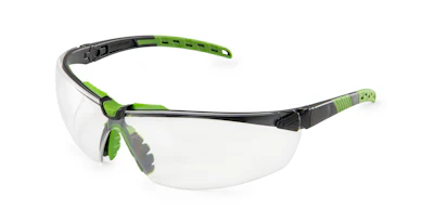 Green and black safety glasses with clear protective lenses