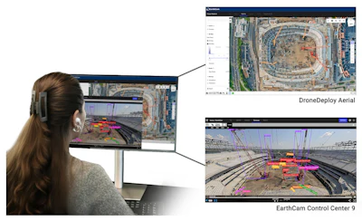 Construction site aerial mapping with drone monitoring screens showing site progress