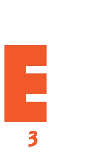 Large orange letter E with number 3 in minimalist design