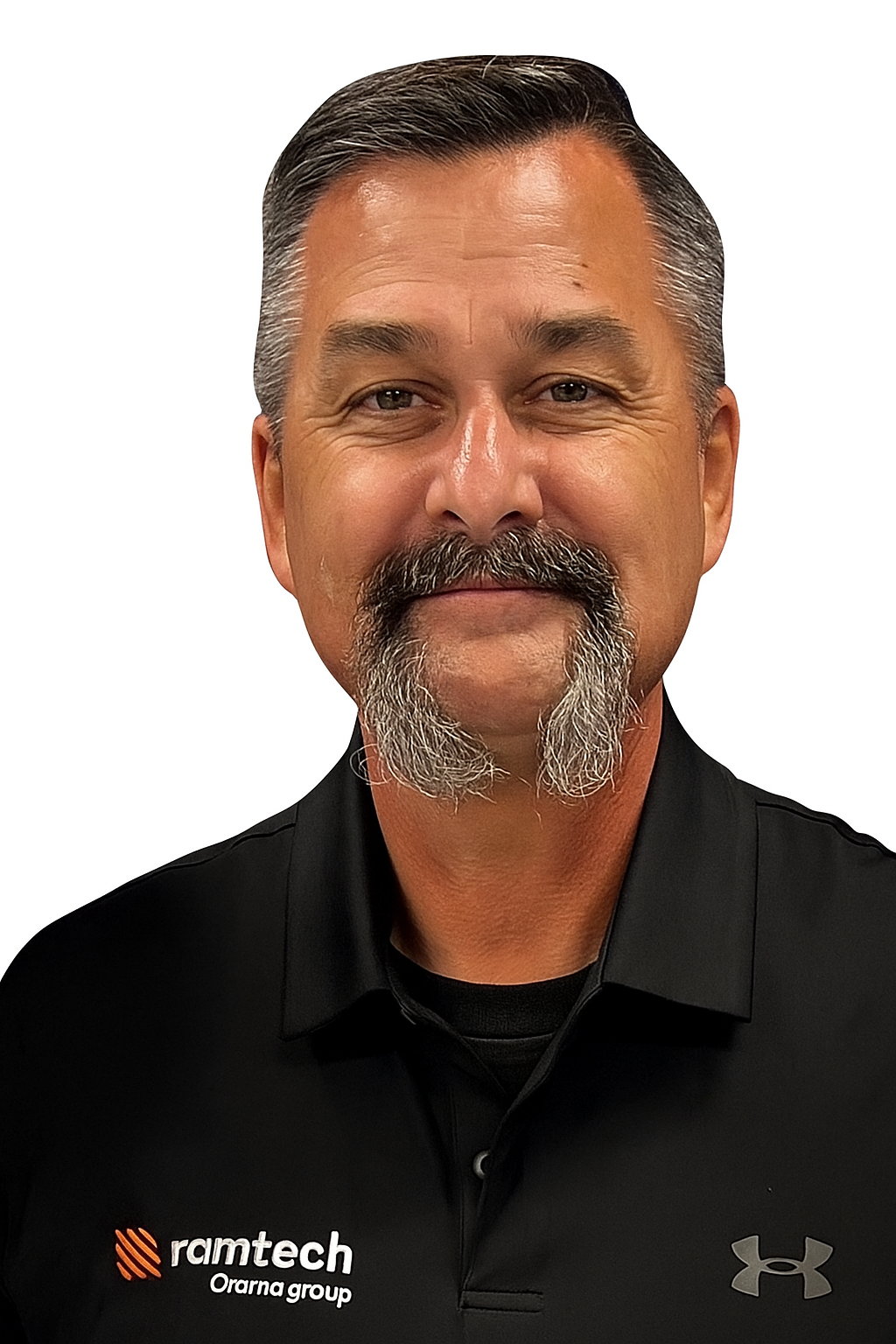 Middle-aged professional in black shirt with Ramtech Orama Group logo Headshot