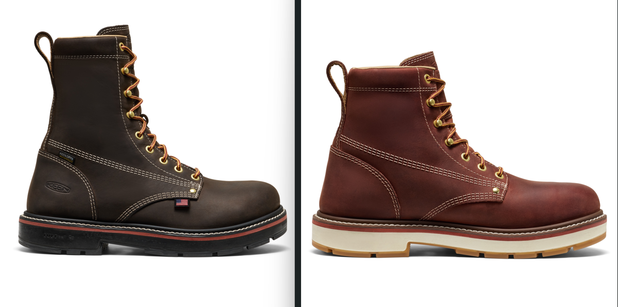 Two work boots side by side - one dark gray, one reddish-brown