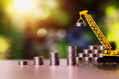 Yellow construction crane lifting coin stack, symbolizing financial growth and investment