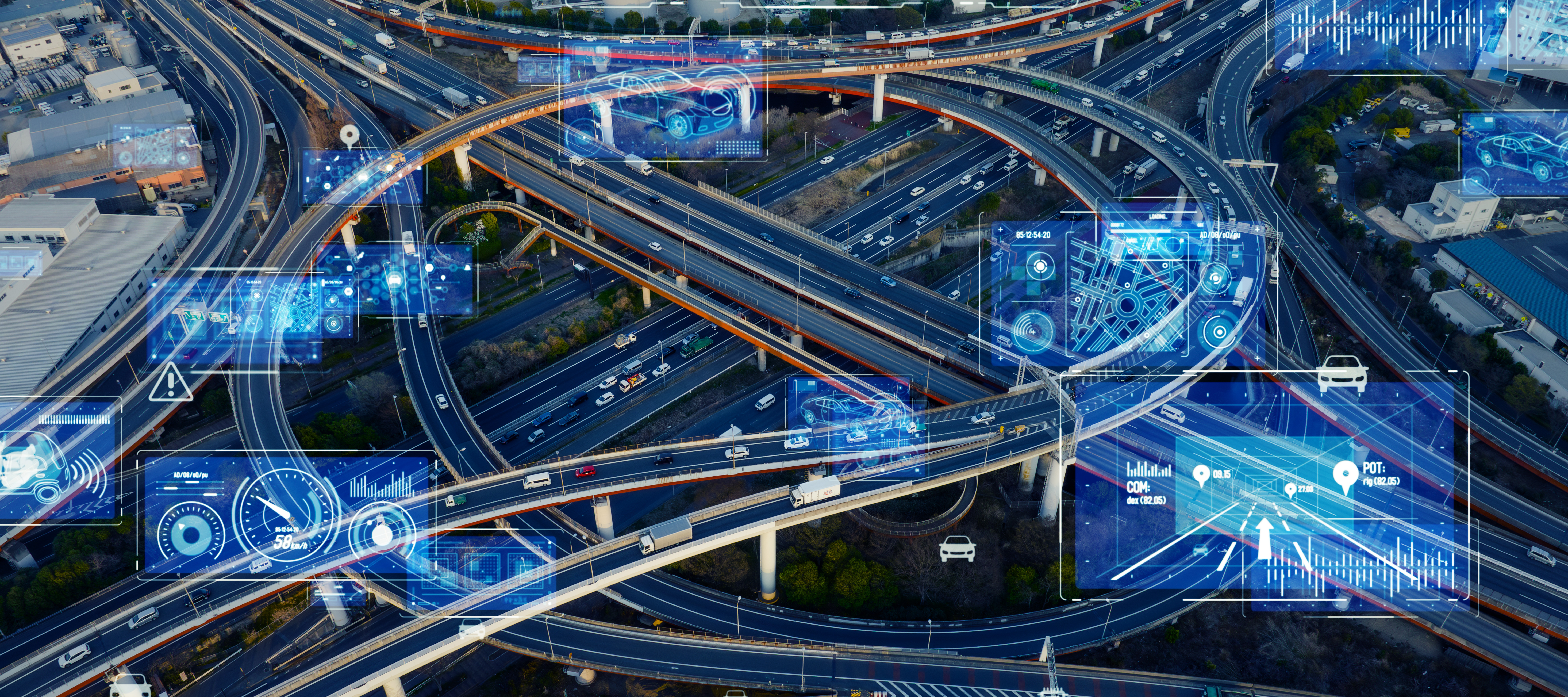 Futuristic highway interchange with digital technology network visualization