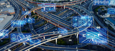 Futuristic highway interchange with digital technology network visualization