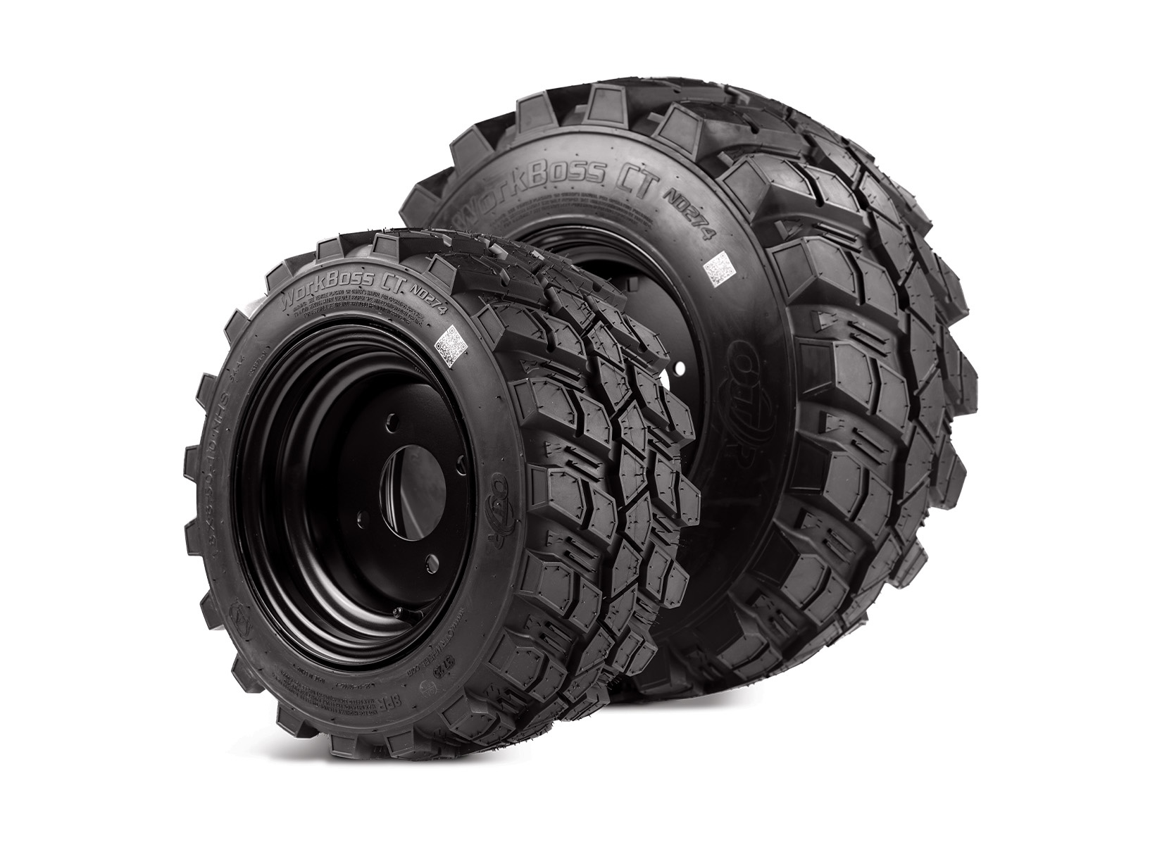 Two rugged black off-road vehicle tires with deep tread patterns