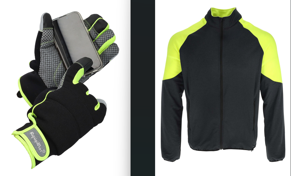 Black and neon athletic gloves with smartphone and matching sports jacket