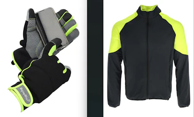 Black and neon athletic gloves with smartphone and matching sports jacket