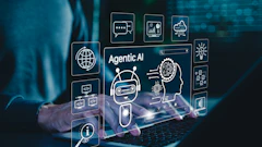 Digital interface showcasing AI technology with holographic icons and robot graphic